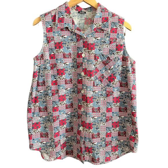 VINTAGE JUDY KNAPP | Red Patchwork Print Sleeveless Collared Shirt  Medium - Picture 1 of 5